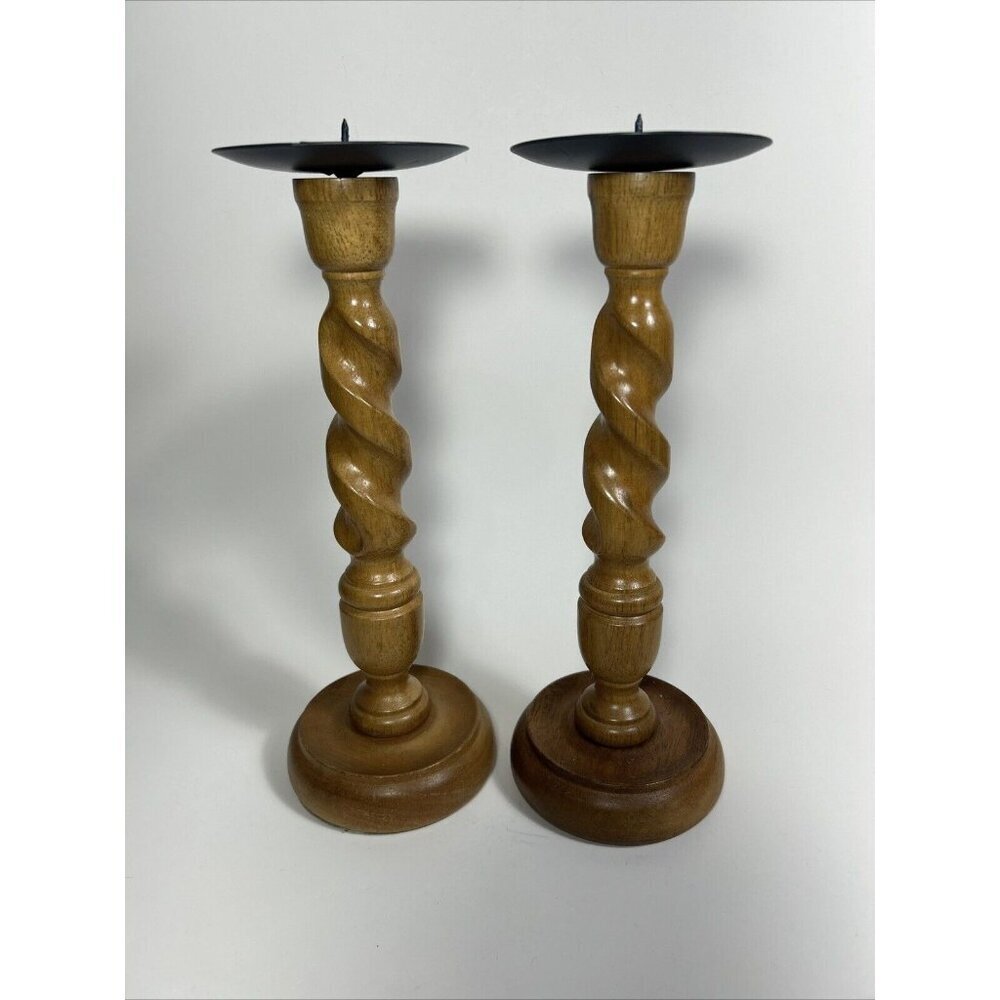 Pair Of Hand Crafted Wood Twist Candle Holders